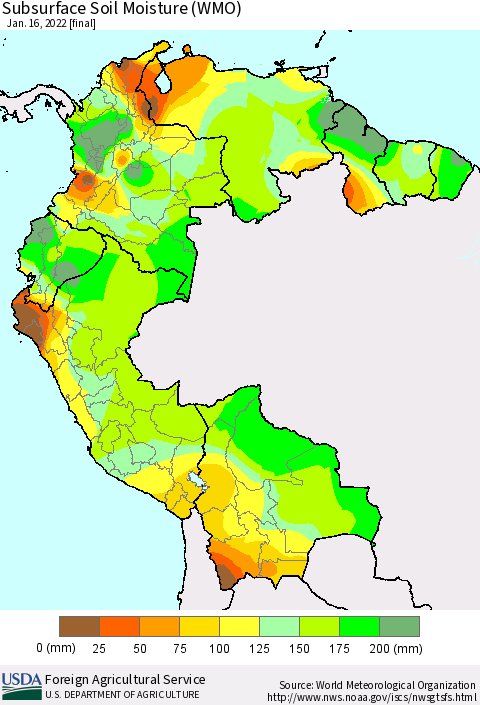 Northern South America Subsurface Soil Moisture (WMO) Thematic Map For 1/10/2022 - 1/16/2022