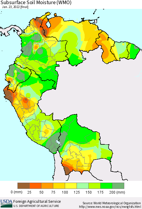 Northern South America Subsurface Soil Moisture (WMO) Thematic Map For 1/17/2022 - 1/23/2022