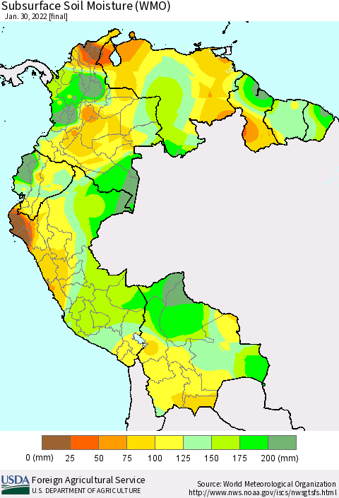 Northern South America Subsurface Soil Moisture (WMO) Thematic Map For 1/24/2022 - 1/30/2022