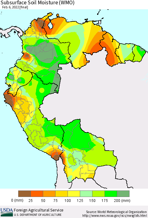 Northern South America Subsurface Soil Moisture (WMO) Thematic Map For 1/31/2022 - 2/6/2022