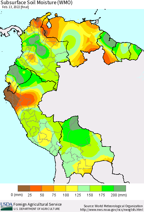 Northern South America Subsurface Soil Moisture (WMO) Thematic Map For 2/7/2022 - 2/13/2022