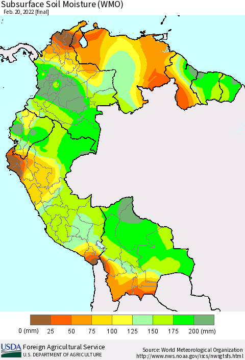 Northern South America Subsurface Soil Moisture (WMO) Thematic Map For 2/14/2022 - 2/20/2022