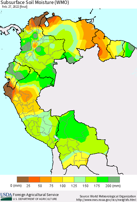 Northern South America Subsurface Soil Moisture (WMO) Thematic Map For 2/21/2022 - 2/27/2022