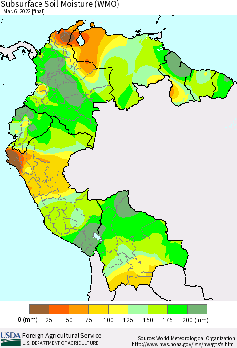Northern South America Subsurface Soil Moisture (WMO) Thematic Map For 2/28/2022 - 3/6/2022