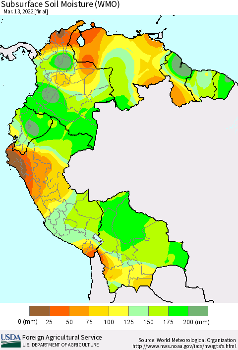 Northern South America Subsurface Soil Moisture (WMO) Thematic Map For 3/7/2022 - 3/13/2022