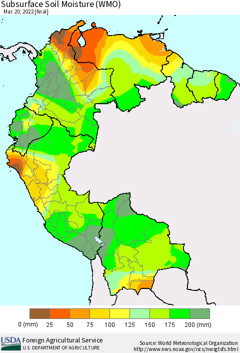 Northern South America Subsurface Soil Moisture (WMO) Thematic Map For 3/14/2022 - 3/20/2022