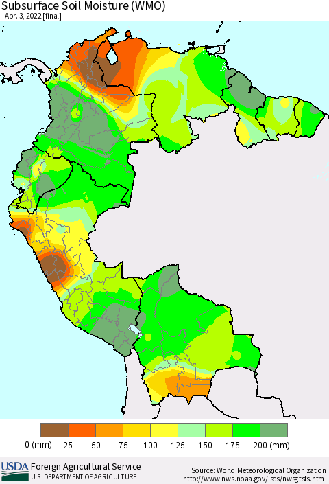 Northern South America Subsurface Soil Moisture (WMO) Thematic Map For 3/28/2022 - 4/3/2022