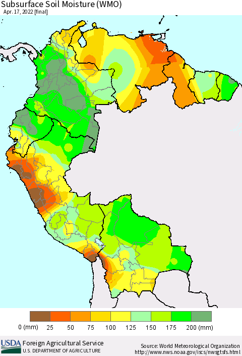 Northern South America Subsurface Soil Moisture (WMO) Thematic Map For 4/11/2022 - 4/17/2022