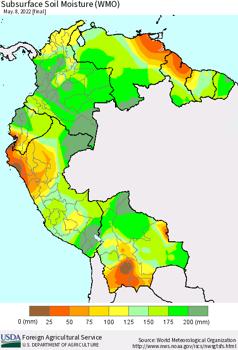 Northern South America Subsurface Soil Moisture (WMO) Thematic Map For 5/2/2022 - 5/8/2022