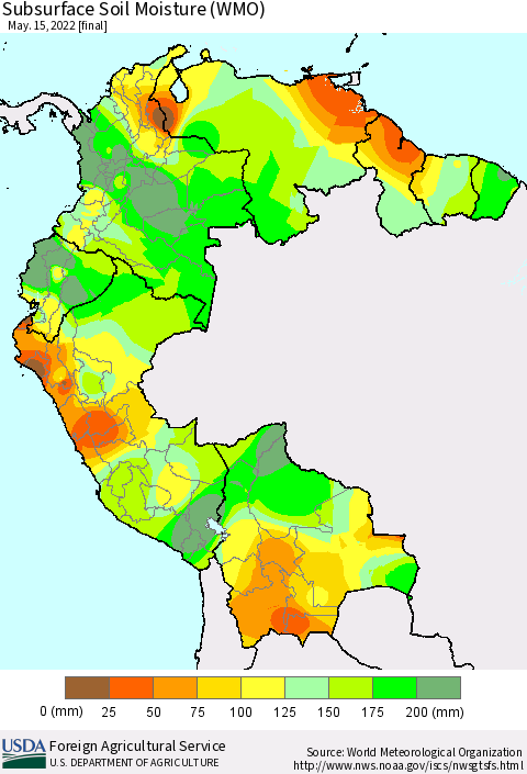Northern South America Subsurface Soil Moisture (WMO) Thematic Map For 5/9/2022 - 5/15/2022