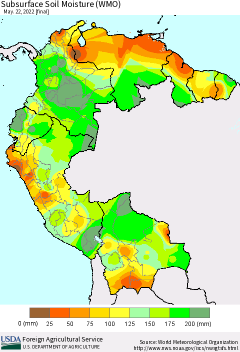 Northern South America Subsurface Soil Moisture (WMO) Thematic Map For 5/16/2022 - 5/22/2022