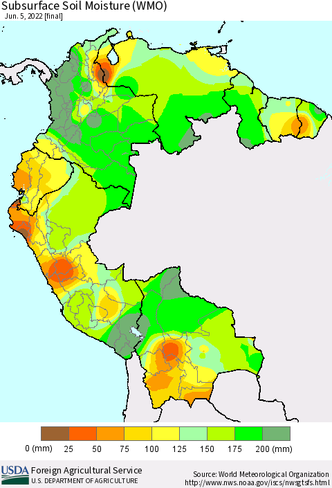 Northern South America Subsurface Soil Moisture (WMO) Thematic Map For 5/30/2022 - 6/5/2022