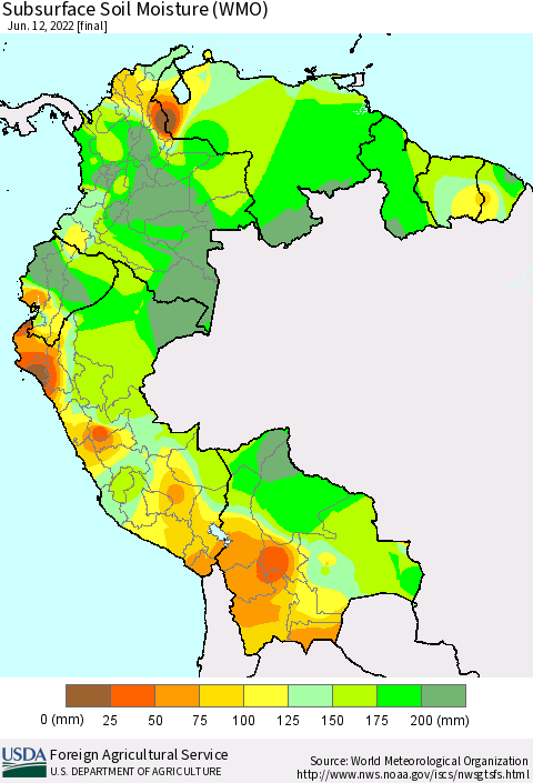 Northern South America Subsurface Soil Moisture (WMO) Thematic Map For 6/6/2022 - 6/12/2022