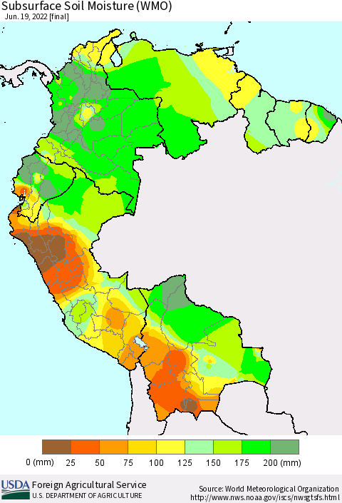 Northern South America Subsurface Soil Moisture (WMO) Thematic Map For 6/13/2022 - 6/19/2022