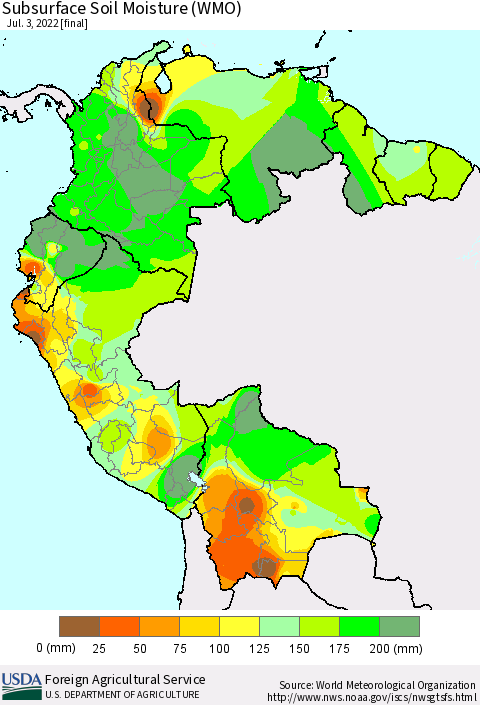 Northern South America Subsurface Soil Moisture (WMO) Thematic Map For 6/27/2022 - 7/3/2022