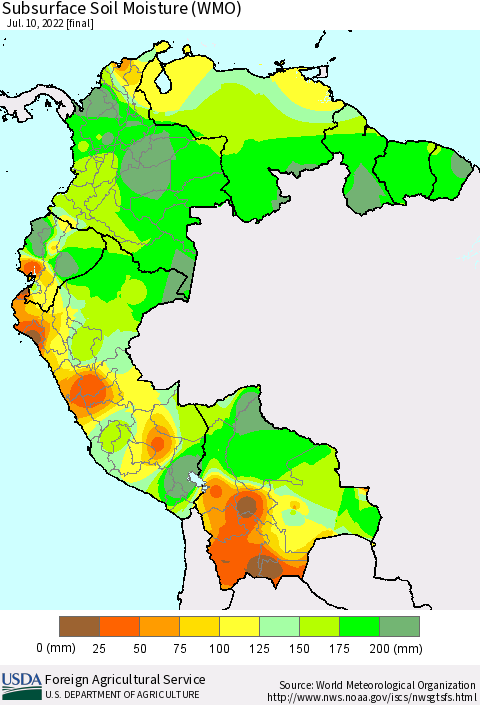 Northern South America Subsurface Soil Moisture (WMO) Thematic Map For 7/4/2022 - 7/10/2022