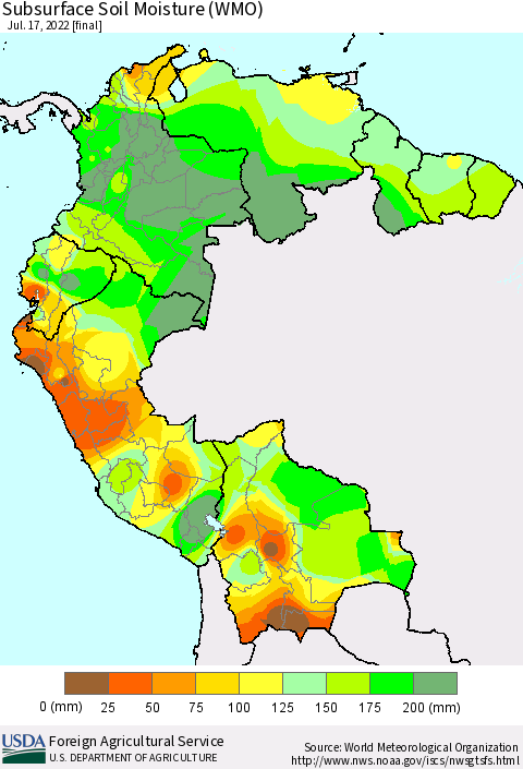 Northern South America Subsurface Soil Moisture (WMO) Thematic Map For 7/11/2022 - 7/17/2022