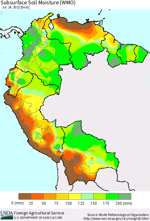 Northern South America Subsurface Soil Moisture (WMO) Thematic Map For 7/18/2022 - 7/24/2022