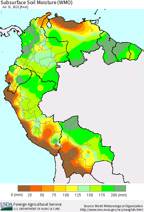 Northern South America Subsurface Soil Moisture (WMO) Thematic Map For 7/25/2022 - 7/31/2022