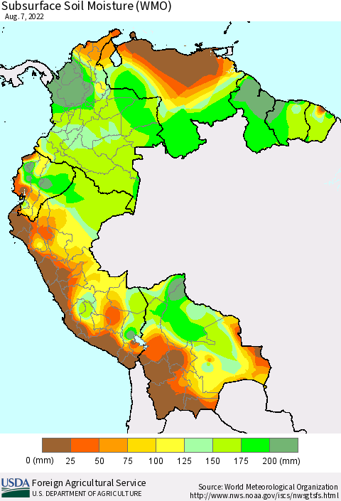 Northern South America Subsurface Soil Moisture (WMO) Thematic Map For 8/1/2022 - 8/7/2022