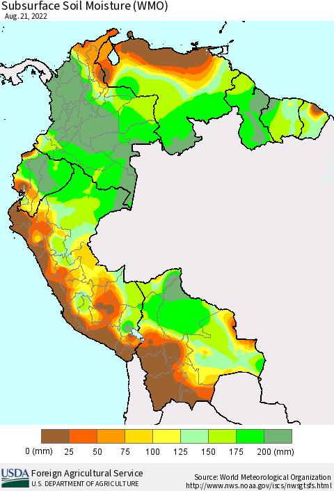 Northern South America Subsurface Soil Moisture (WMO) Thematic Map For 8/15/2022 - 8/21/2022