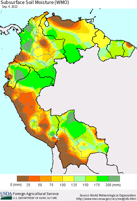 Northern South America Subsurface Soil Moisture (WMO) Thematic Map For 8/29/2022 - 9/4/2022