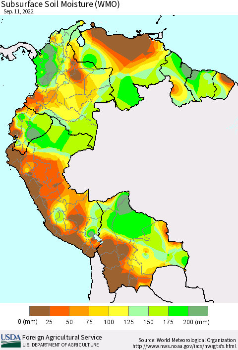 Northern South America Subsurface Soil Moisture (WMO) Thematic Map For 9/5/2022 - 9/11/2022