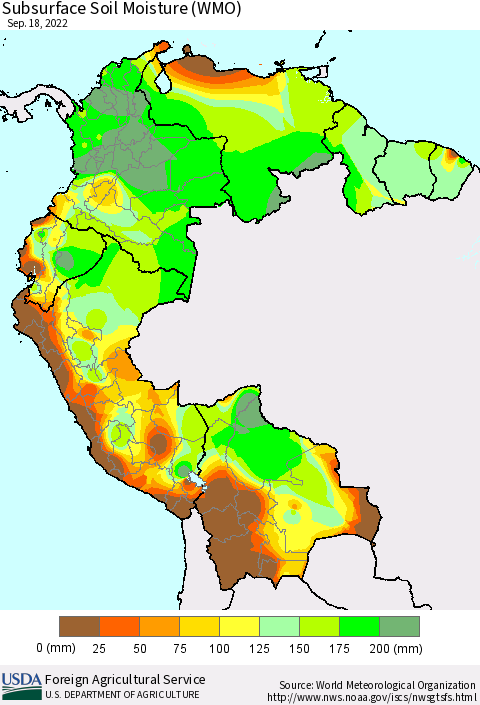 Northern South America Subsurface Soil Moisture (WMO) Thematic Map For 9/12/2022 - 9/18/2022