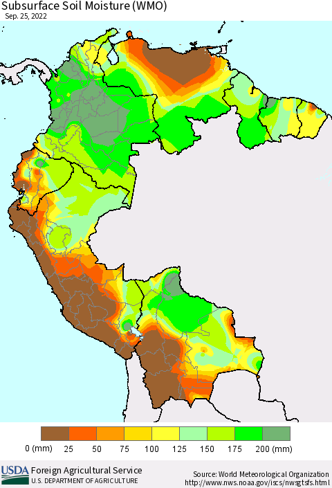 Northern South America Subsurface Soil Moisture (WMO) Thematic Map For 9/19/2022 - 9/25/2022