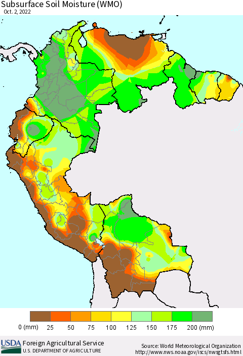 Northern South America Subsurface Soil Moisture (WMO) Thematic Map For 9/26/2022 - 10/2/2022