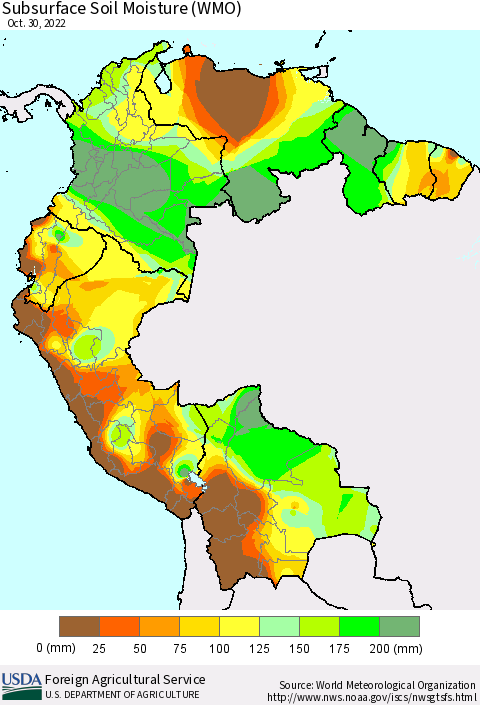 Northern South America Subsurface Soil Moisture (WMO) Thematic Map For 10/24/2022 - 10/30/2022