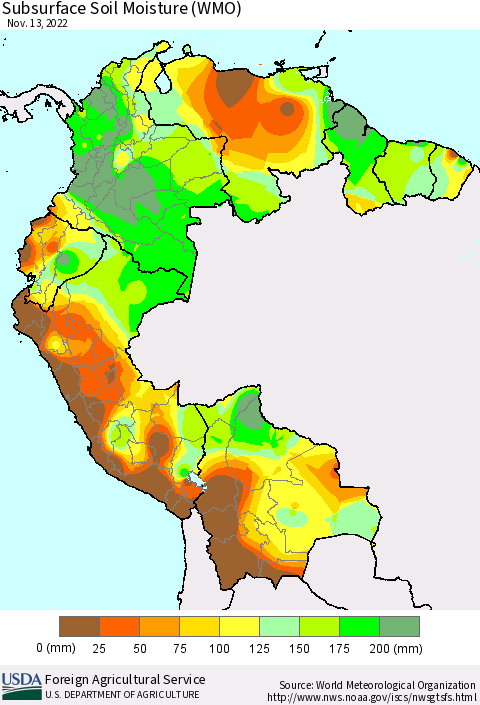 Northern South America Subsurface Soil Moisture (WMO) Thematic Map For 11/7/2022 - 11/13/2022