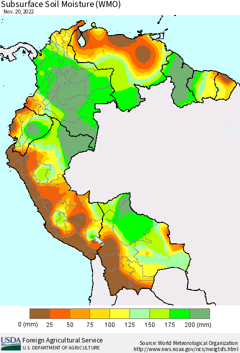 Northern South America Subsurface Soil Moisture (WMO) Thematic Map For 11/14/2022 - 11/20/2022