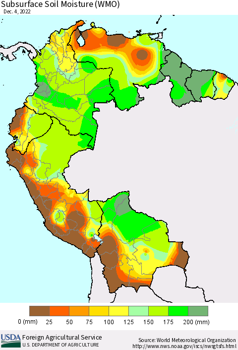 Northern South America Subsurface Soil Moisture (WMO) Thematic Map For 11/28/2022 - 12/4/2022