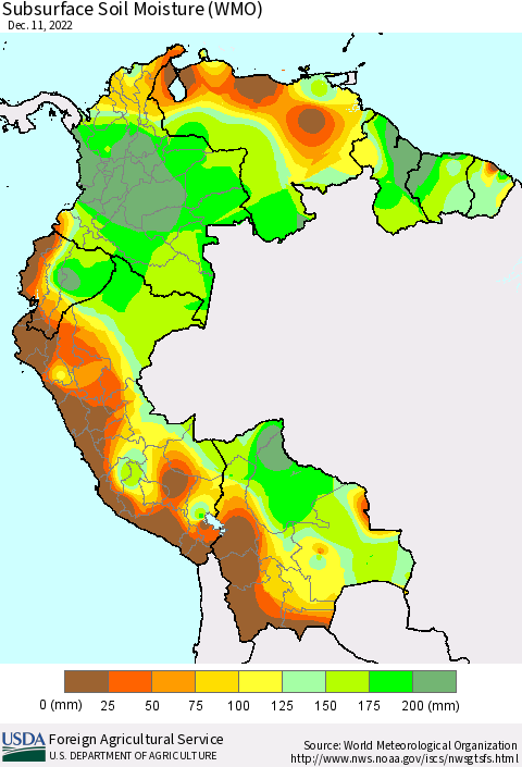 Northern South America Subsurface Soil Moisture (WMO) Thematic Map For 12/5/2022 - 12/11/2022