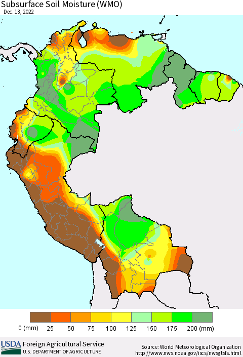 Northern South America Subsurface Soil Moisture (WMO) Thematic Map For 12/12/2022 - 12/18/2022
