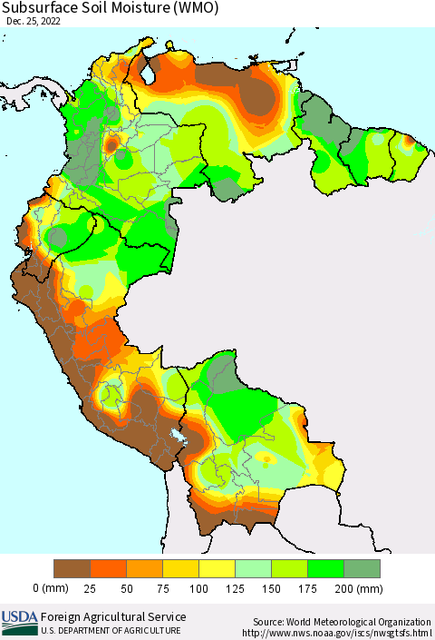 Northern South America Subsurface Soil Moisture (WMO) Thematic Map For 12/19/2022 - 12/25/2022