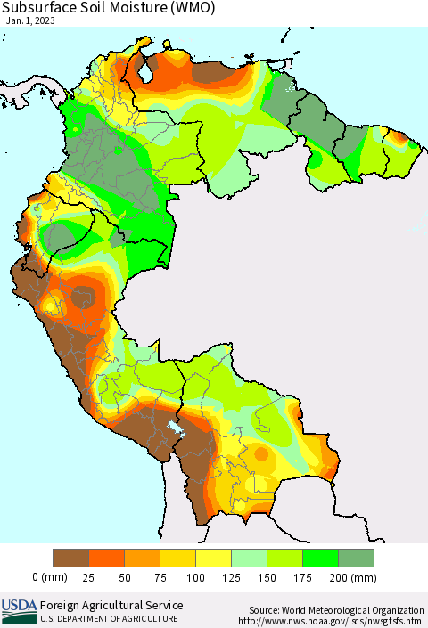Northern South America Subsurface Soil Moisture (WMO) Thematic Map For 12/26/2022 - 1/1/2023