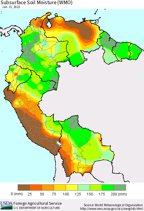 Northern South America Subsurface Soil Moisture (WMO) Thematic Map For 1/9/2023 - 1/15/2023