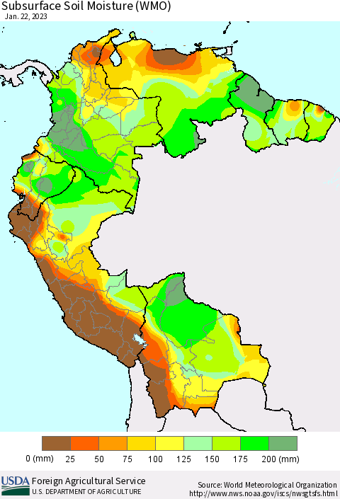 Northern South America Subsurface Soil Moisture (WMO) Thematic Map For 1/16/2023 - 1/22/2023