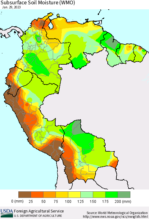 Northern South America Subsurface Soil Moisture (WMO) Thematic Map For 1/23/2023 - 1/29/2023