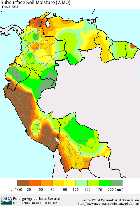 Northern South America Subsurface Soil Moisture (WMO) Thematic Map For 1/30/2023 - 2/5/2023