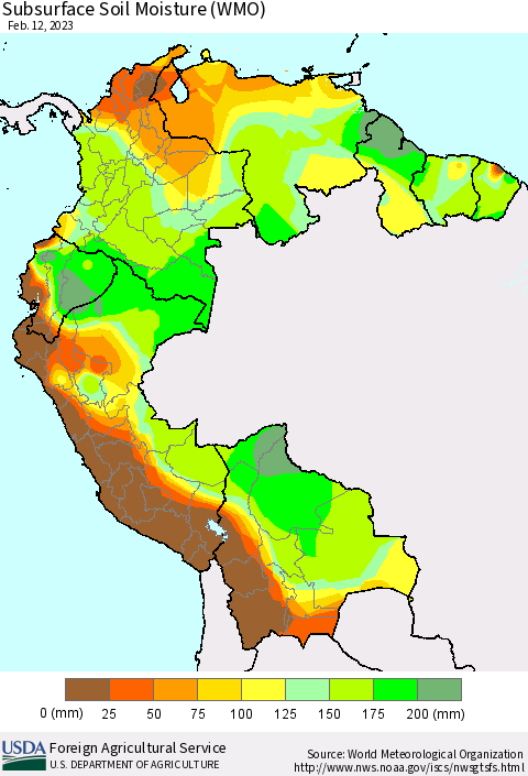 Northern South America Subsurface Soil Moisture (WMO) Thematic Map For 2/6/2023 - 2/12/2023