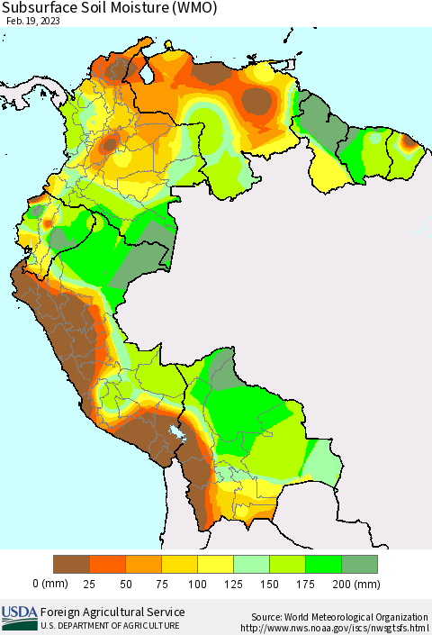 Northern South America Subsurface Soil Moisture (WMO) Thematic Map For 2/13/2023 - 2/19/2023