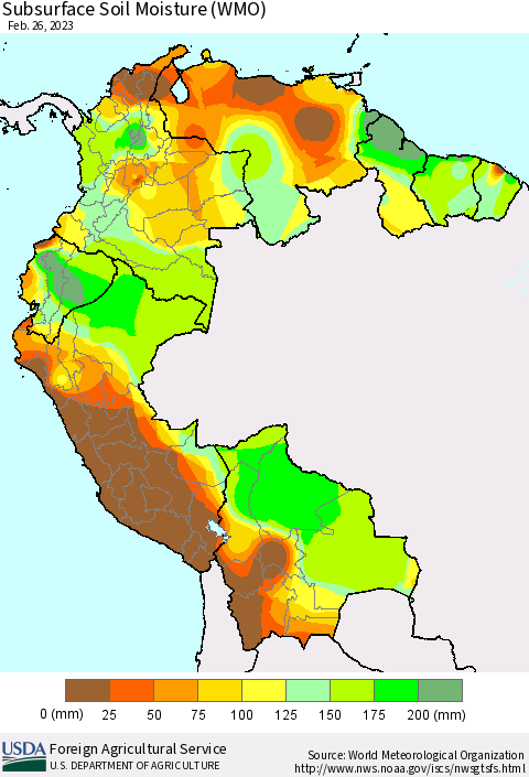 Northern South America Subsurface Soil Moisture (WMO) Thematic Map For 2/20/2023 - 2/26/2023