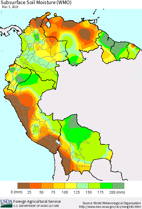 Northern South America Subsurface Soil Moisture (WMO) Thematic Map For 2/27/2023 - 3/5/2023