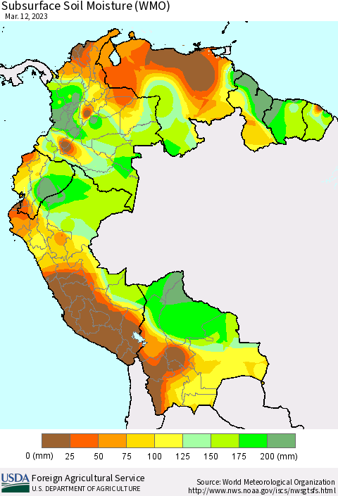 Northern South America Subsurface Soil Moisture (WMO) Thematic Map For 3/6/2023 - 3/12/2023
