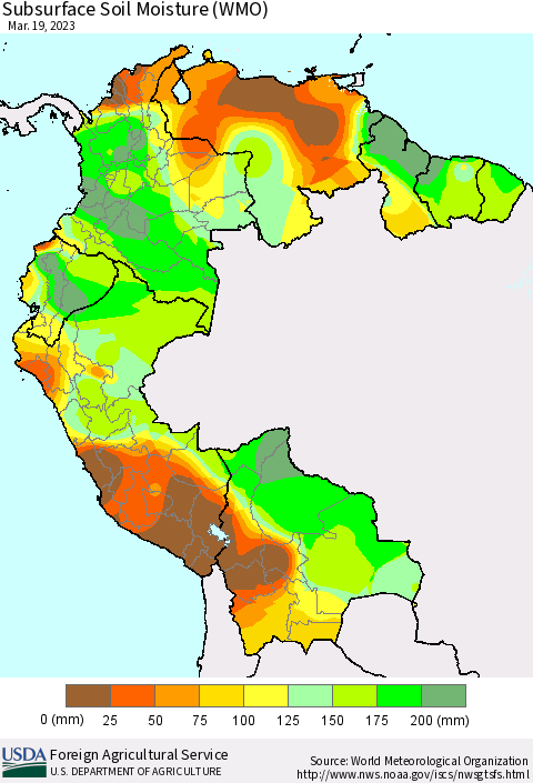 Northern South America Subsurface Soil Moisture (WMO) Thematic Map For 3/13/2023 - 3/19/2023