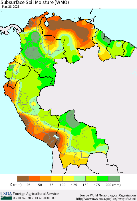 Northern South America Subsurface Soil Moisture (WMO) Thematic Map For 3/20/2023 - 3/26/2023