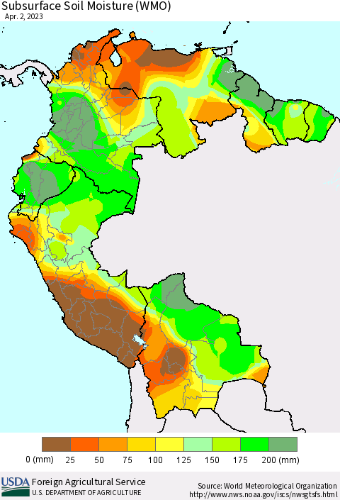 Northern South America Subsurface Soil Moisture (WMO) Thematic Map For 3/27/2023 - 4/2/2023
